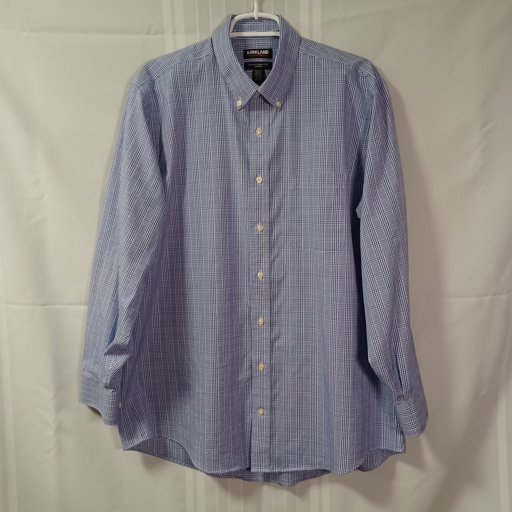 Kirkland Button Down Mens 16.5 32/33 Blue Check Traditional Fit Non-Iron Shirt